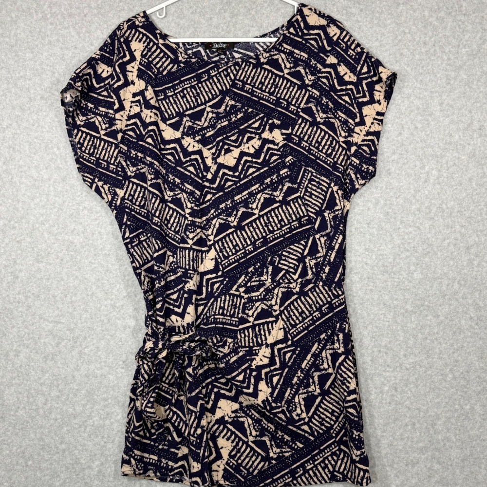 BeBop Mini Dress Womens Large Navy Blue Geometric Tribal Print Side Tie Rayon